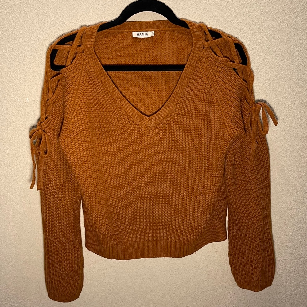Burnt Mustard Orange, Laced Shoulder, V-Neck Sweater